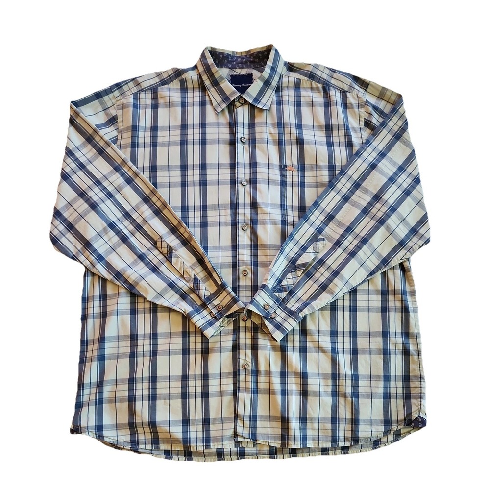 Tommy Bahama Mens Button Up Shirt Sz 2XL Plaid Blue Green‎ Preppy Casual Office